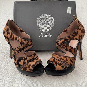Vince Camuto Melva Leather Leopard Haircalf Platform Heels 8 Animal Print Pump
